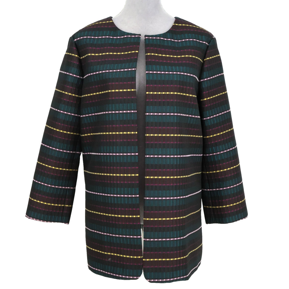 Ann Taylor Jacket Womens XL Green Burgundy Striped Open Front Lined Preppy